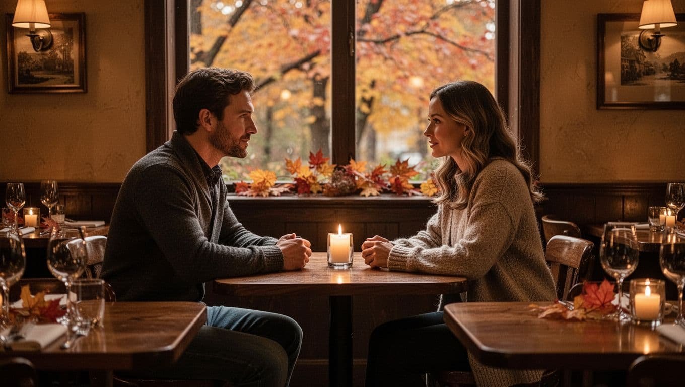 A couple sharing an elegant dinner in a warmly lit autumn restaurant.