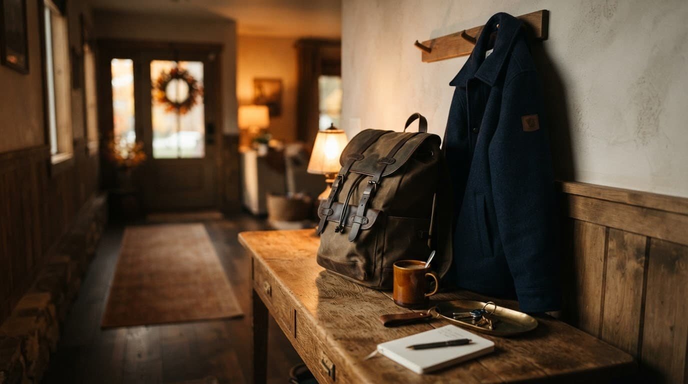 A backpack and warm jacket rest on a wooden table beside a glowing light.
