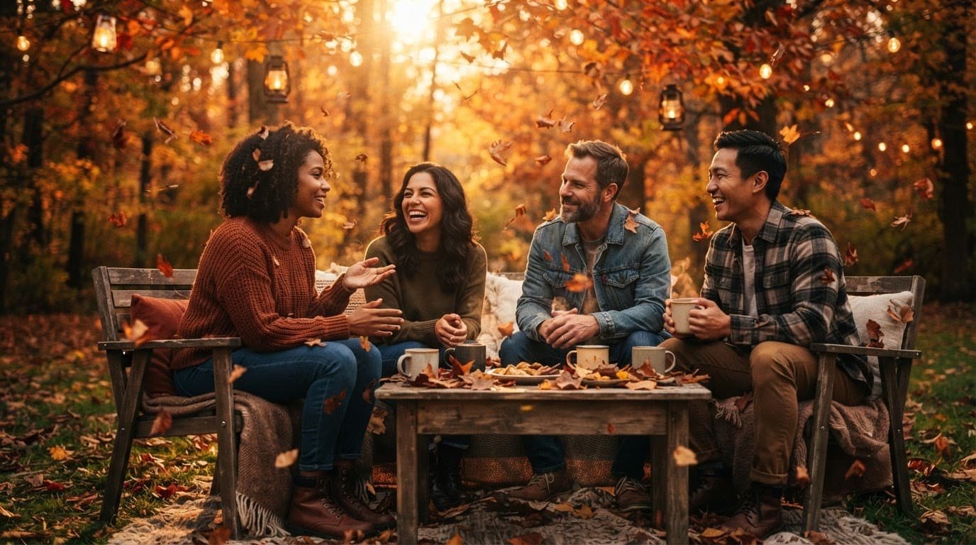 Four people share stories outdoors beneath falling autumn leaves.