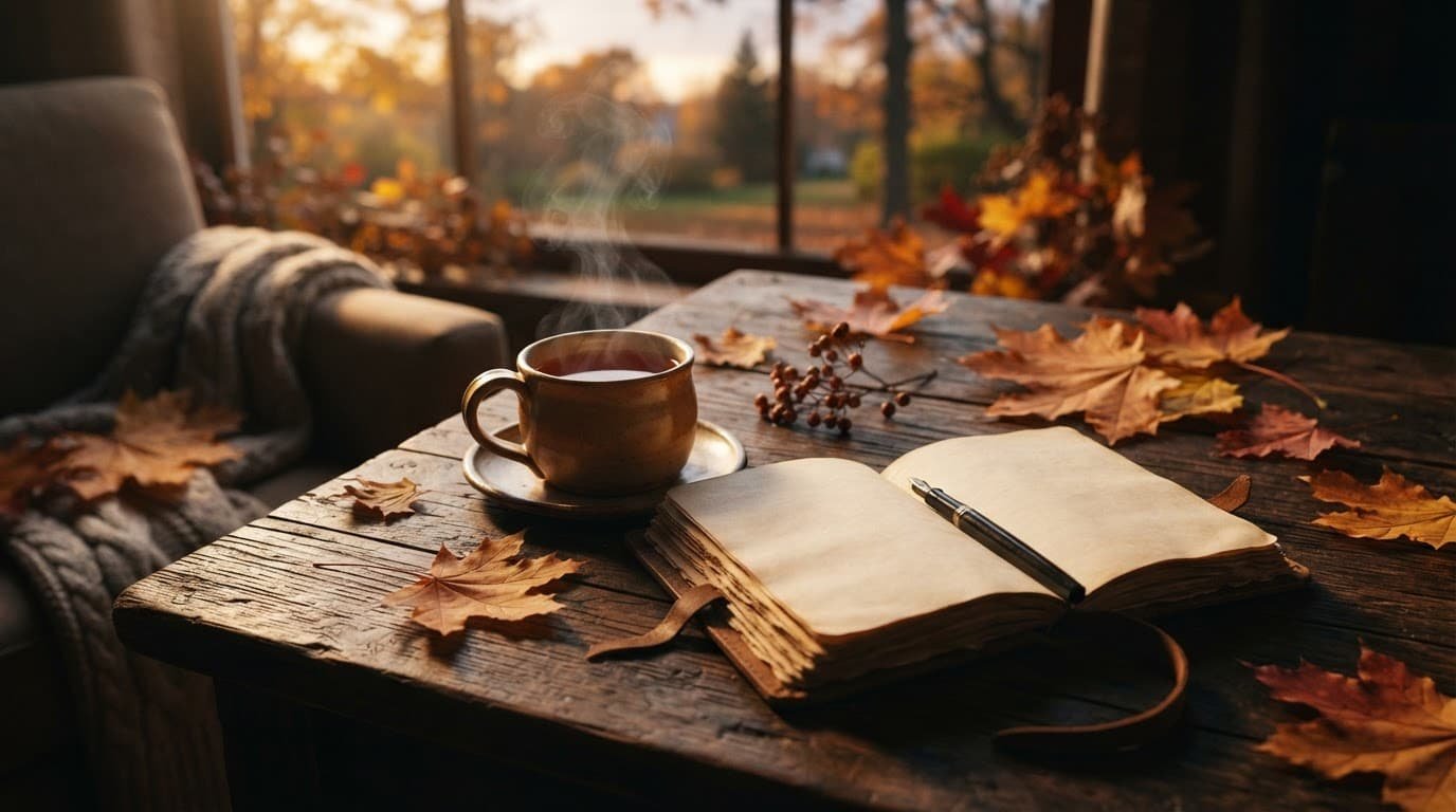 A warm cup of tea and open journal on a rustic wooden table.