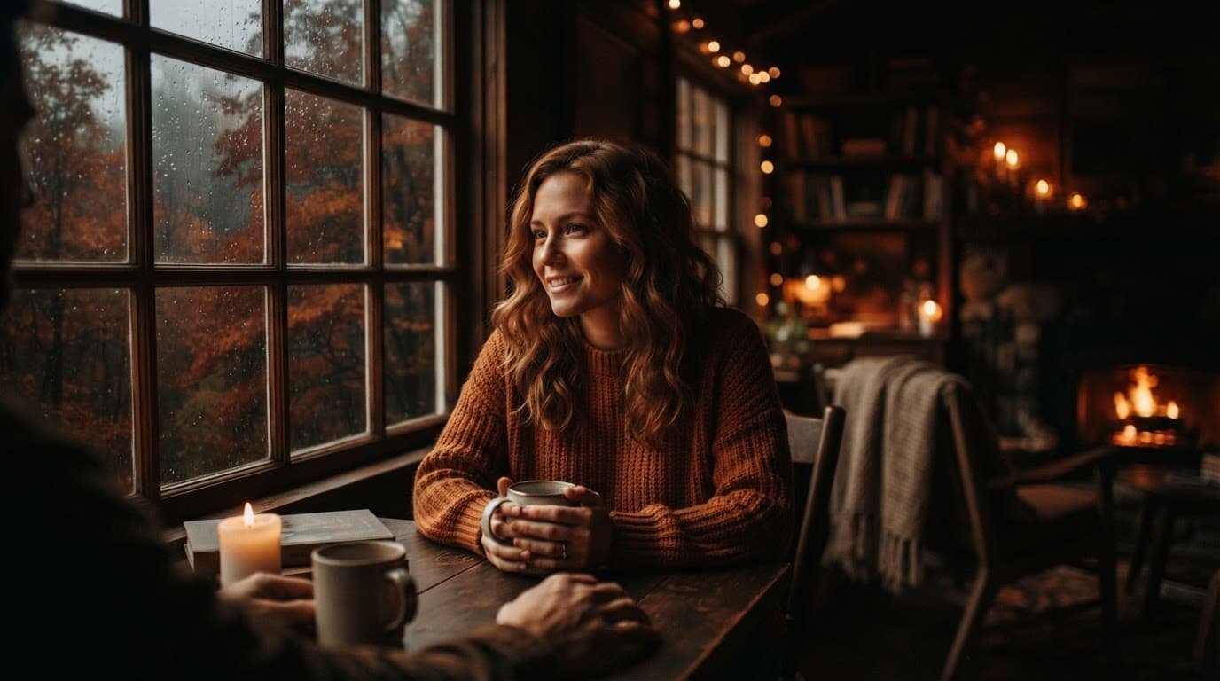 One adult sits beside a warmly lit window in an intimate autumn scene.