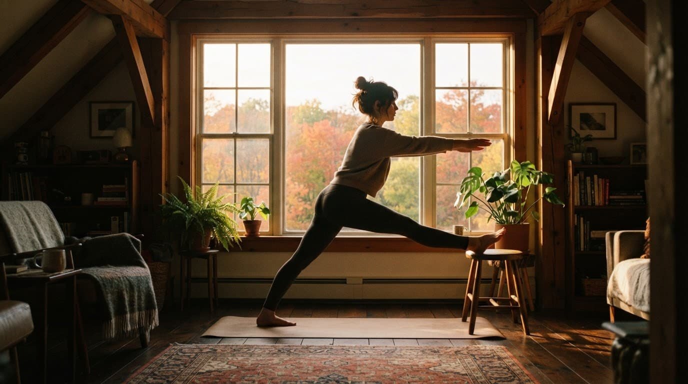 One person stretches beside a bright window in a cozy room.