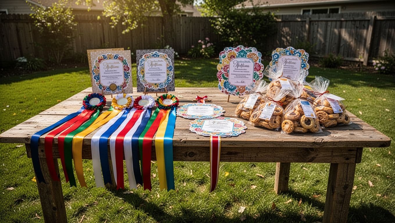 A rustic table holds ribbons, award certificates, and snack bundles in a sunny backyard.
