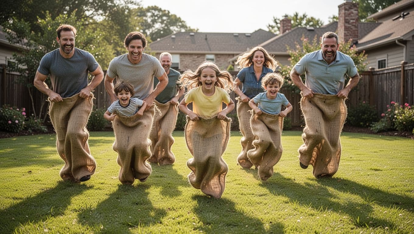 Adults and children race across a sunny backyard lawn in burlap sacks.
