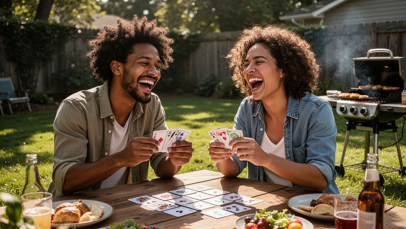 Four friends laugh over a trivia game at a sunny backyard barbecue.