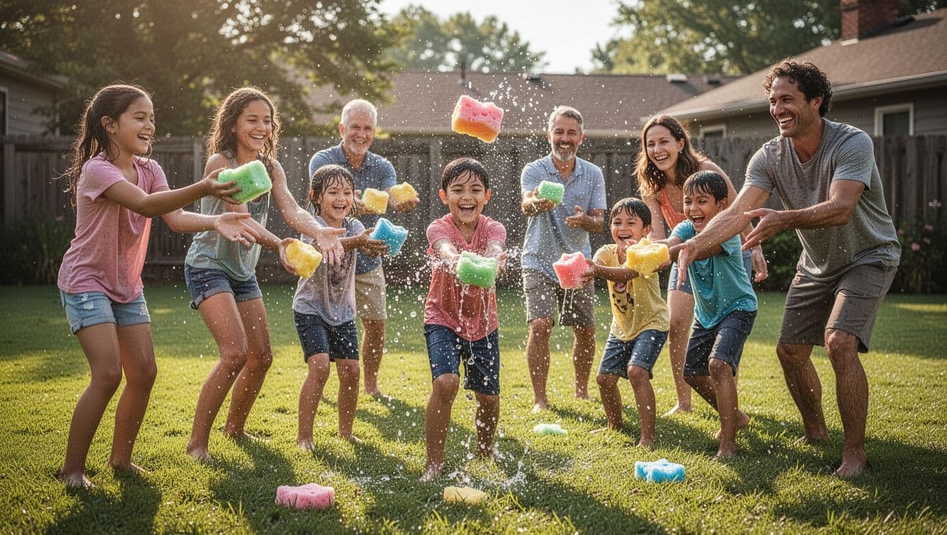 Adults and children toss wet sponges near buckets on a sunny lawn.