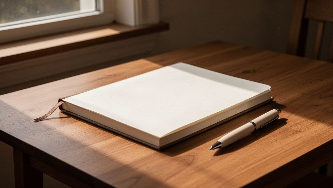 A blank journal and soft pen on a wooden table in warm daylight.