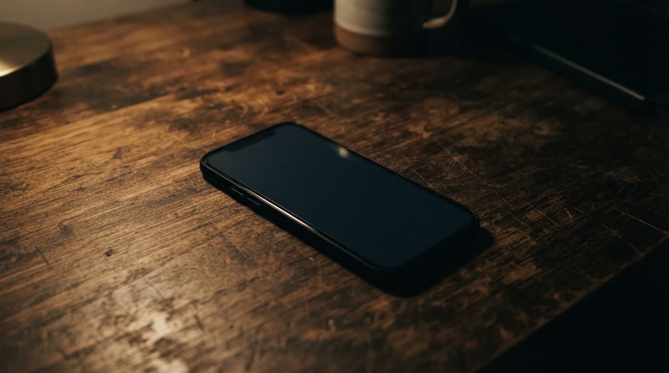 A smartphone with a blank screen lies on a wooden desk in dramatic light.