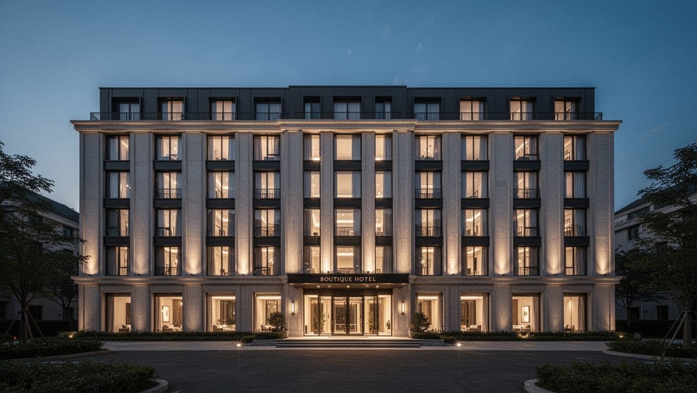 Modern boutique hotel glowing with warm windows at twilight.