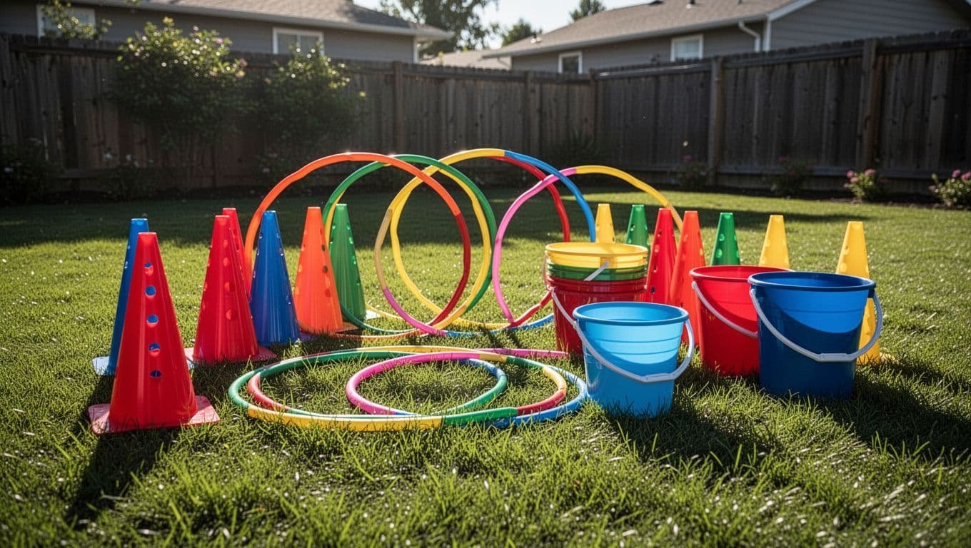 Cones, hula hoops, and buckets arranged on sunny backyard grass.