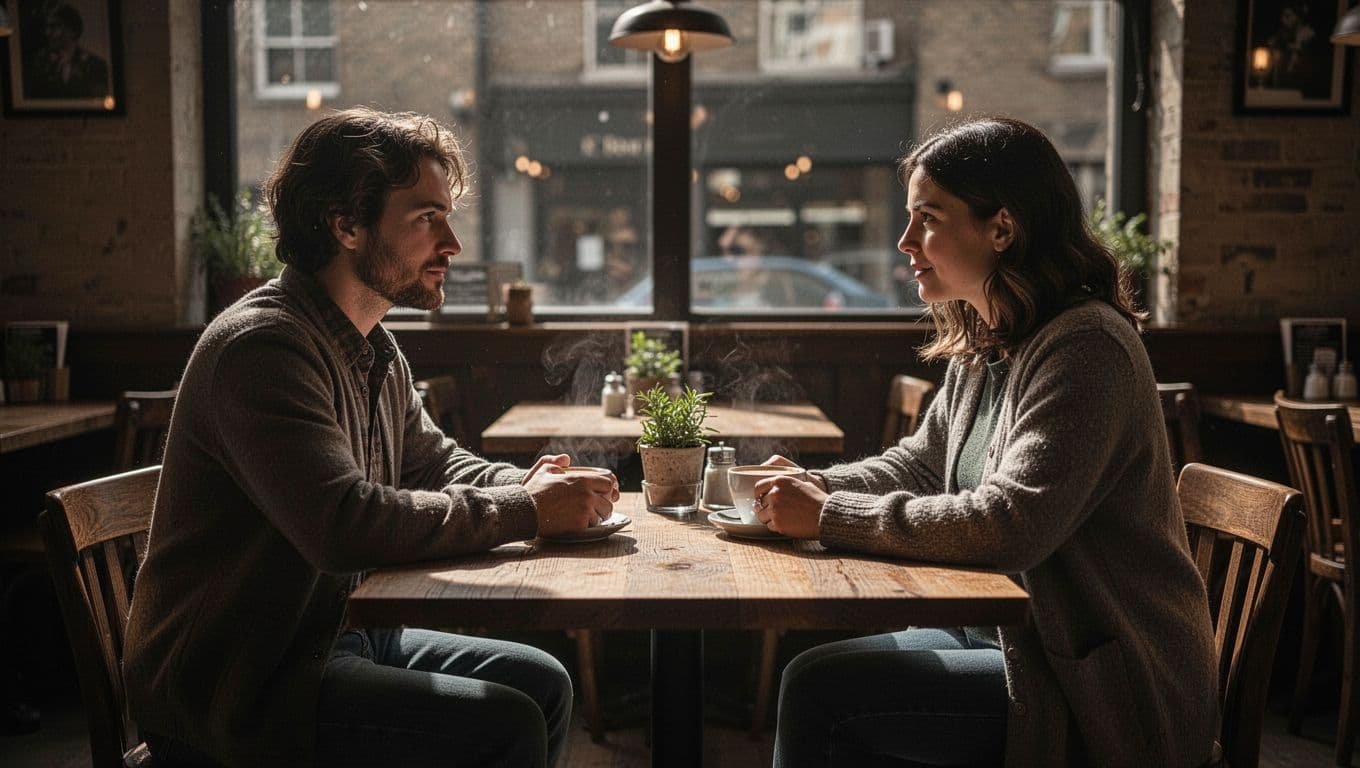 Two people share a warm conversation across a wooden cafe table.