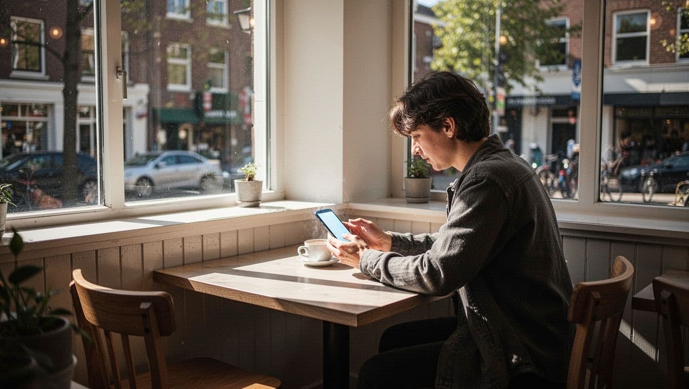 A person reviews plans on a smartphone at a bright cafe table.
