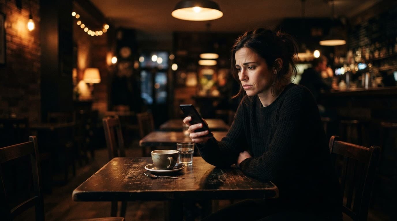 A person studies a smartphone alone at a warmly lit cafe table.