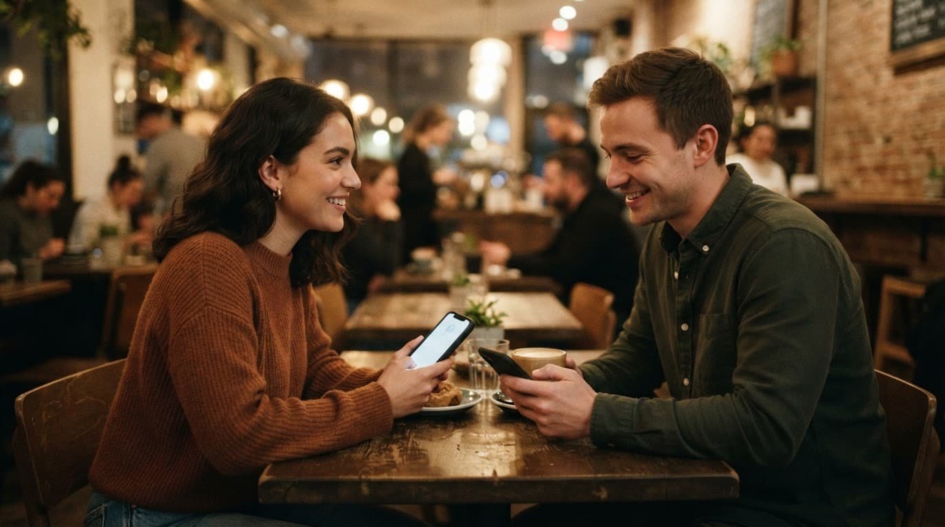Two people share social media details at a warmly lit modern cafe.