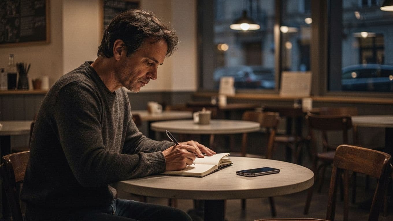 A person writes in a notebook at a cafe table with a phone nearby.