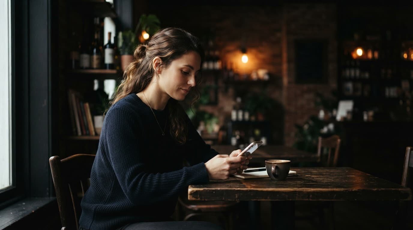 A person calmly uses a smartphone at a wooden cafe table.