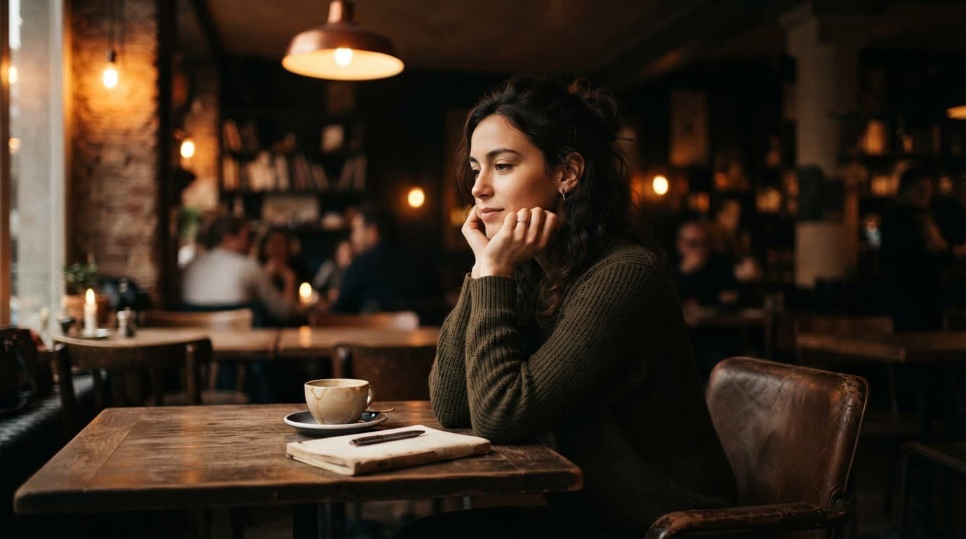 A calm person reflecting at a wooden table in a warmly lit cafe.
