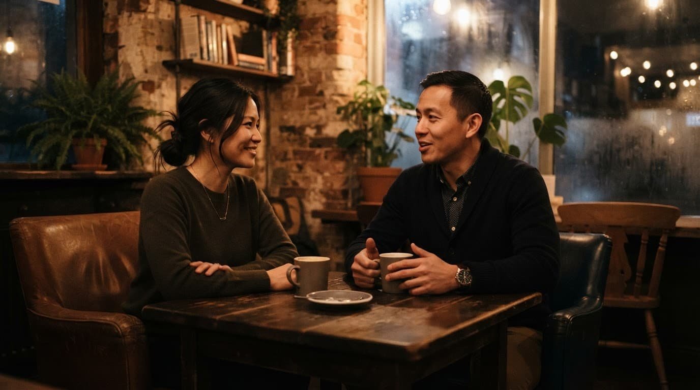 Two adults calmly talking across a wooden table in a cozy coffee shop.