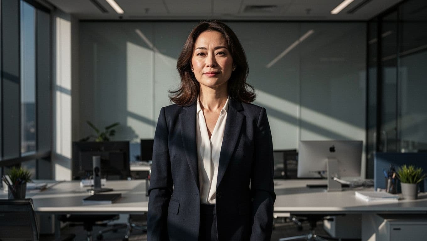 Professional woman with a calm expression standing in a dramatically lit modern office.
