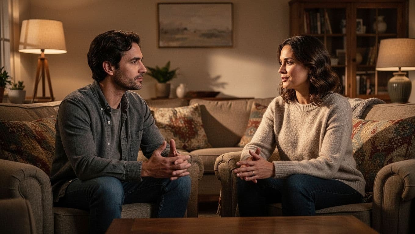 Two adults calmly talk in a warmly lit living room.