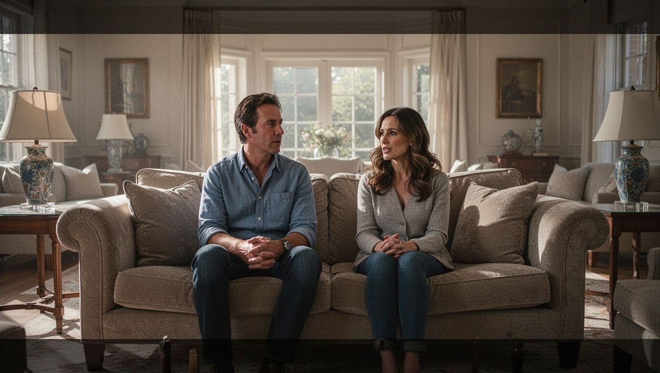 A man and woman calmly talking together on a sofa in a bright living room.