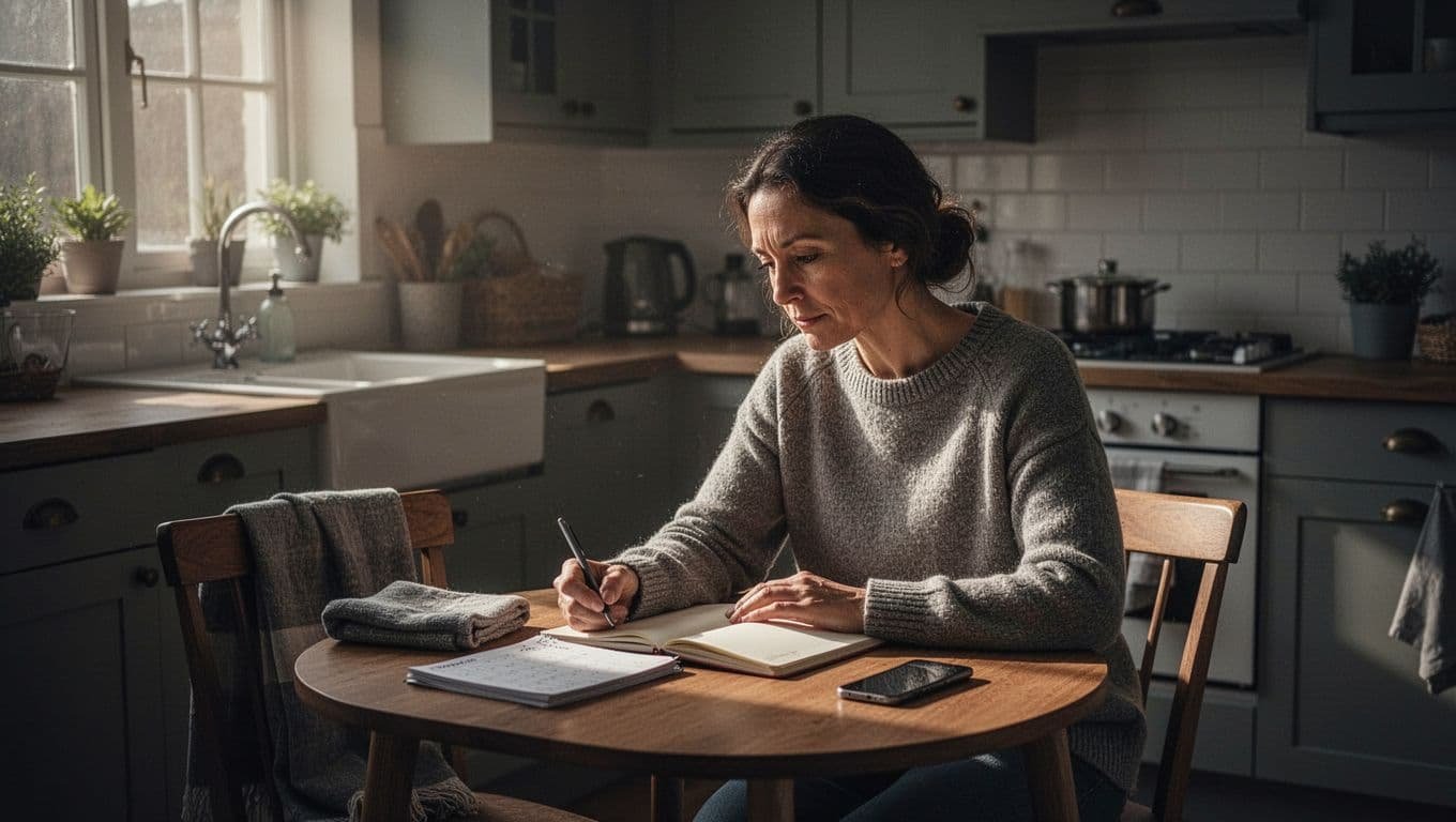 A person reviews a daily schedule beside a notebook and phone at a kitchen table.
