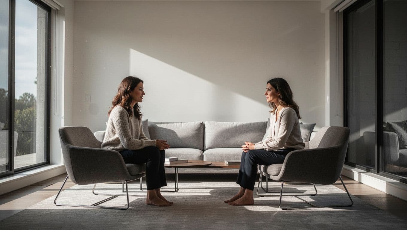Two women calmly talk across from each other in a bright modern living room.