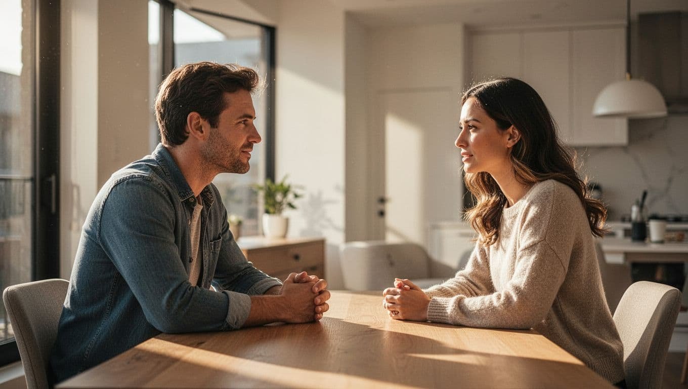 A man and woman calmly talking across a table in a bright modern room.