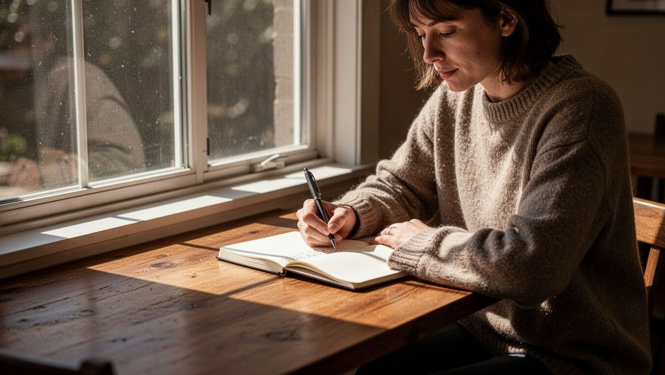 A person calmly writes in a journal at a wooden table beside a window.