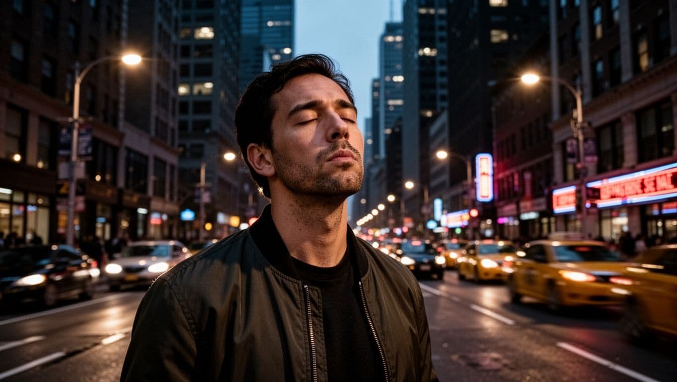 A calm man takes a deep breath on a busy city street.