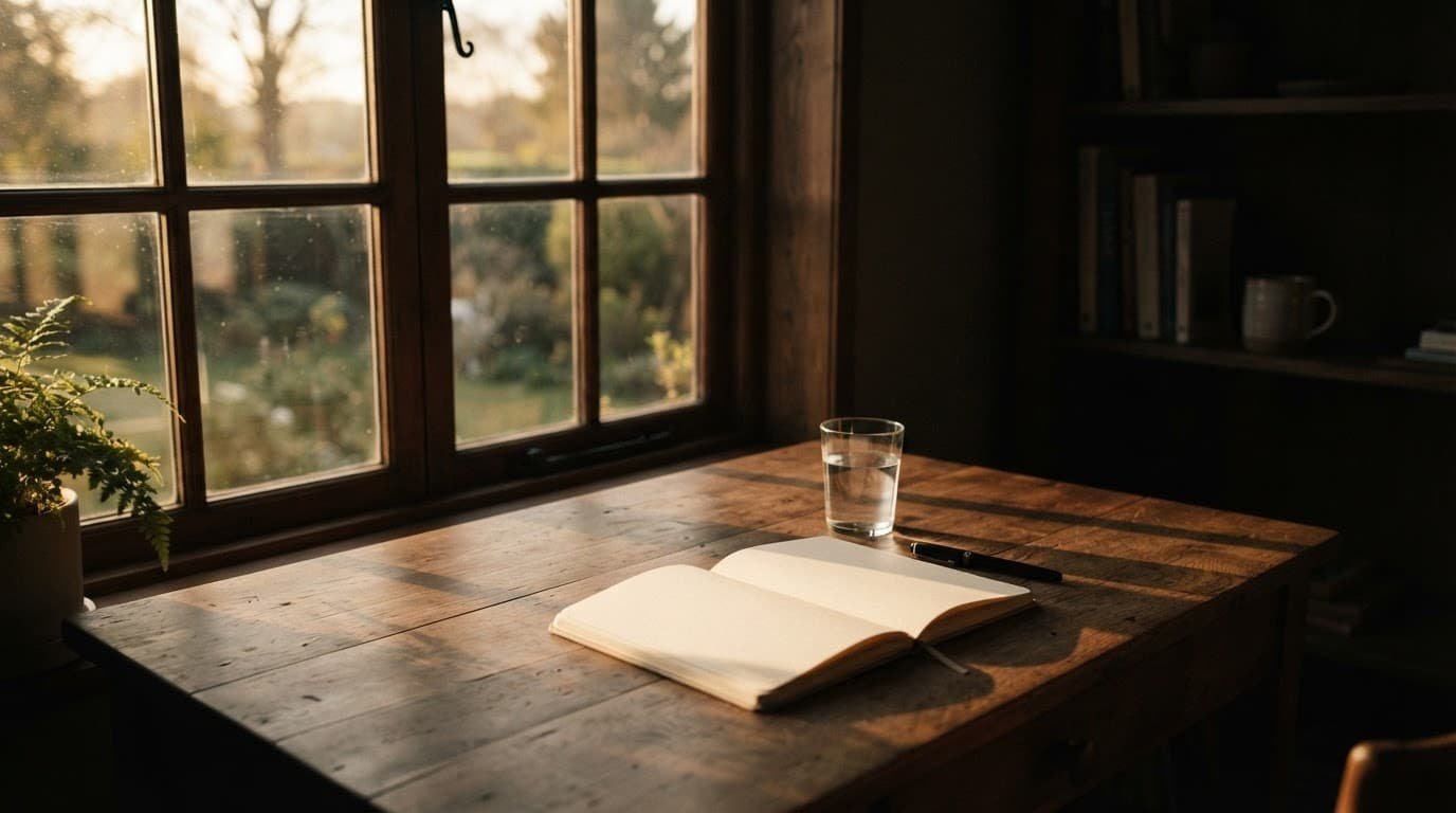 A wooden desk with a notebook and water glass in warm morning sunlight.