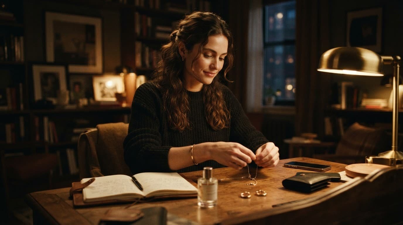 A person calmly organizes keys and personal items at a desk before going out.