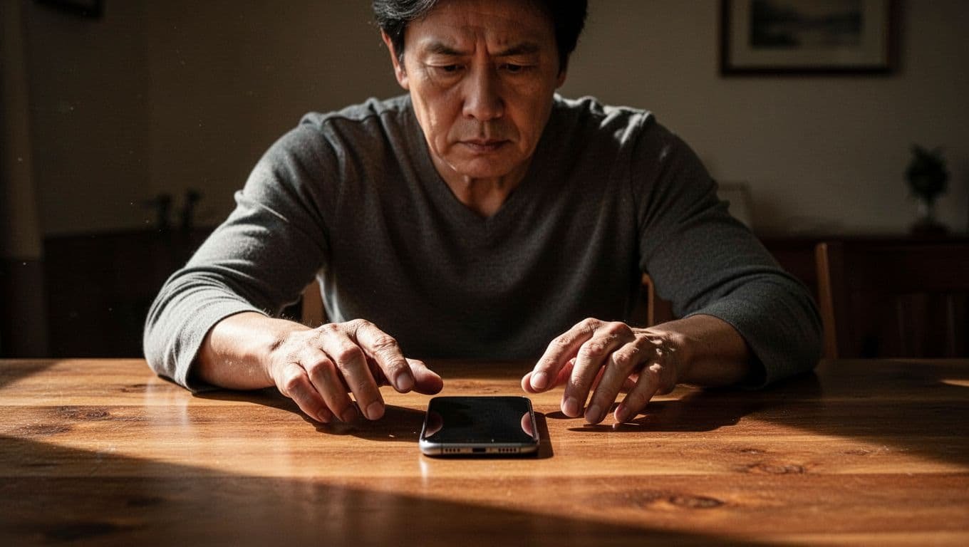 A calm person gently pushes a smartphone away at a wooden table.