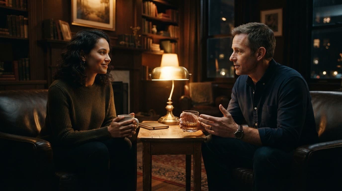 Two people calmly talking across a table in a warmly lit room.