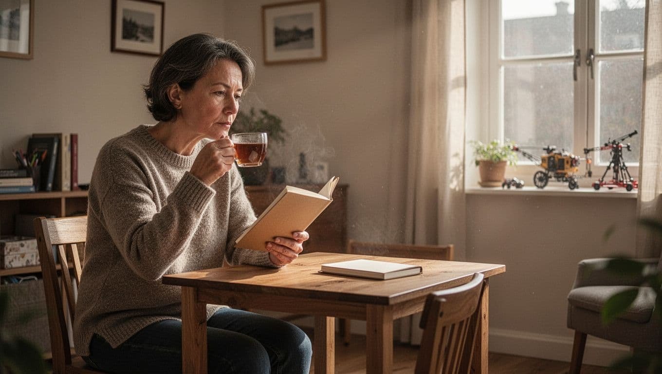 One person journals at a small table with a calendar and tea in a warm apartment.