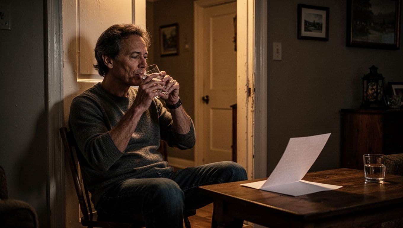 An adult sits by a doorway with water and a simple plan on a table.