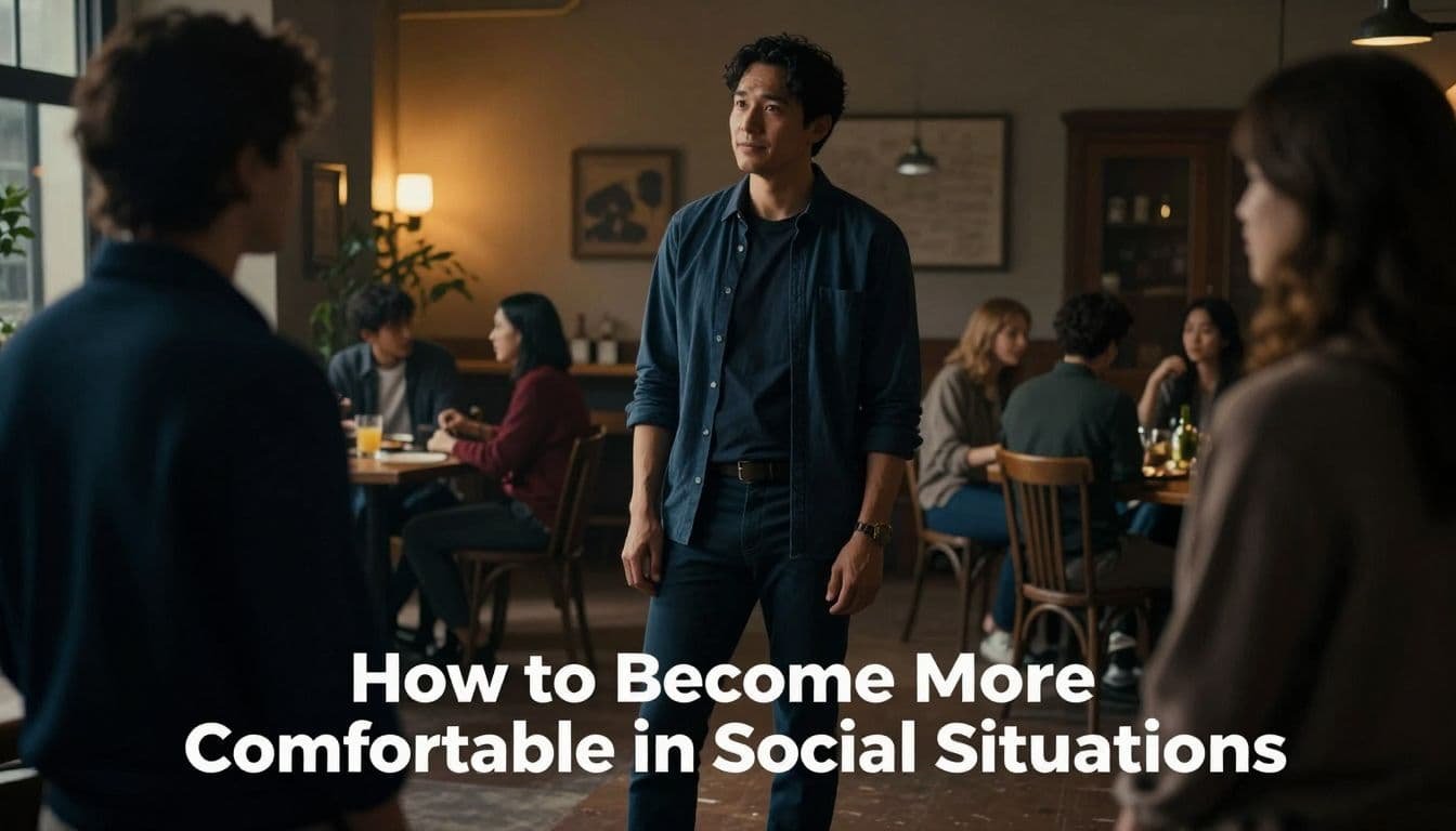 A thoughtful adult steps toward a warmly lit social gathering.