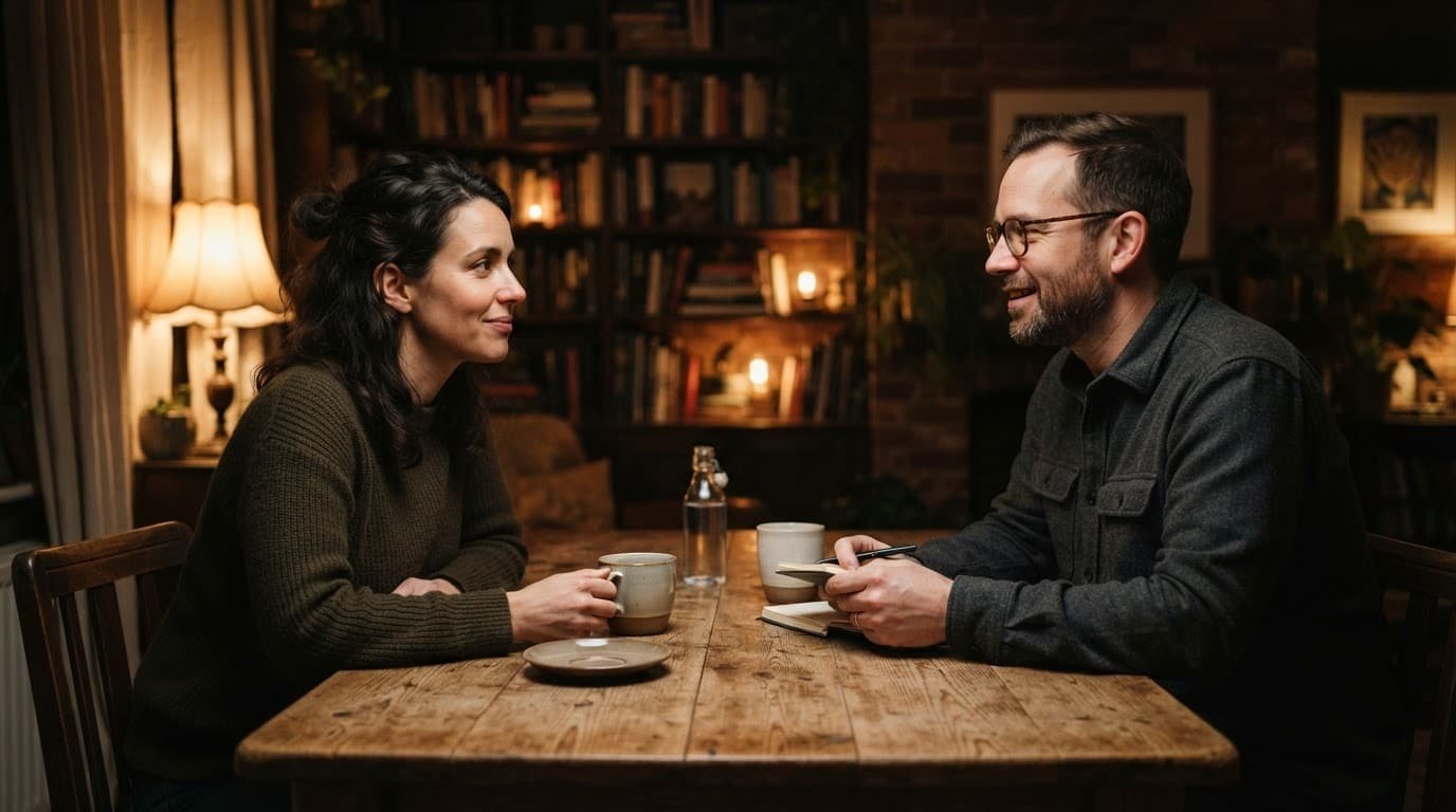 Two people calmly talking across a wooden table in a warmly lit room.