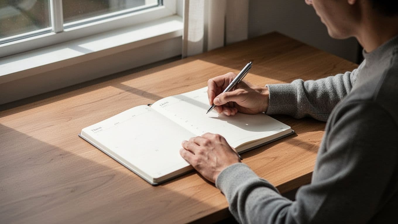 Person writing in a paper planner at a wooden desk by a window.