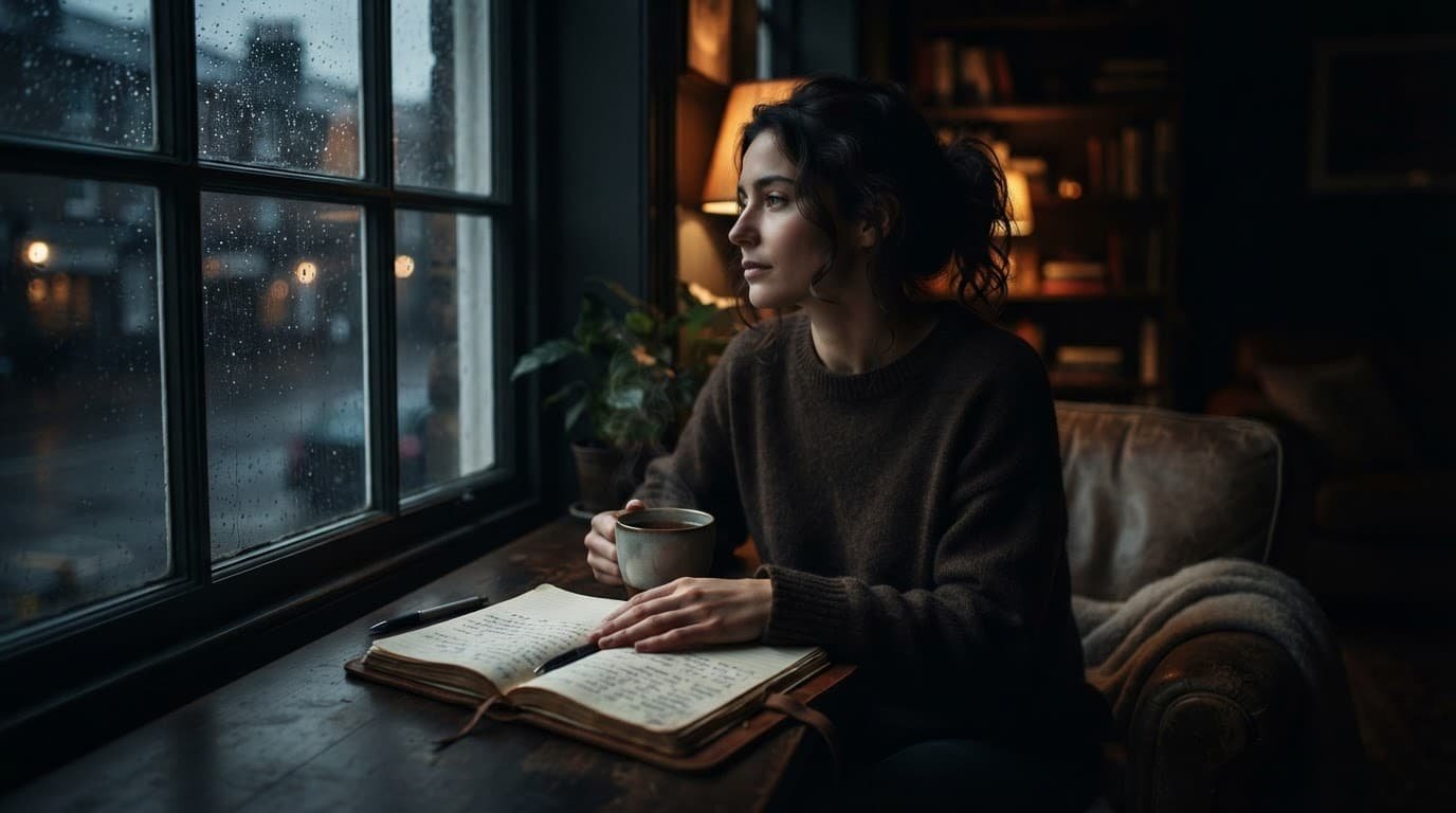 A person sits by a window with tea and a notebook in dramatic light.