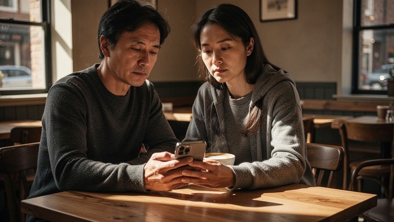 Person carefully reviewing a dating profile on a smartphone in a dim coffee shop.