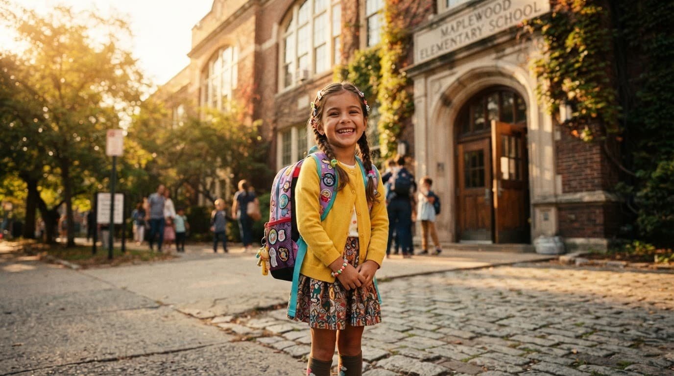 A smiling student with a colorful backpack outside a school building.