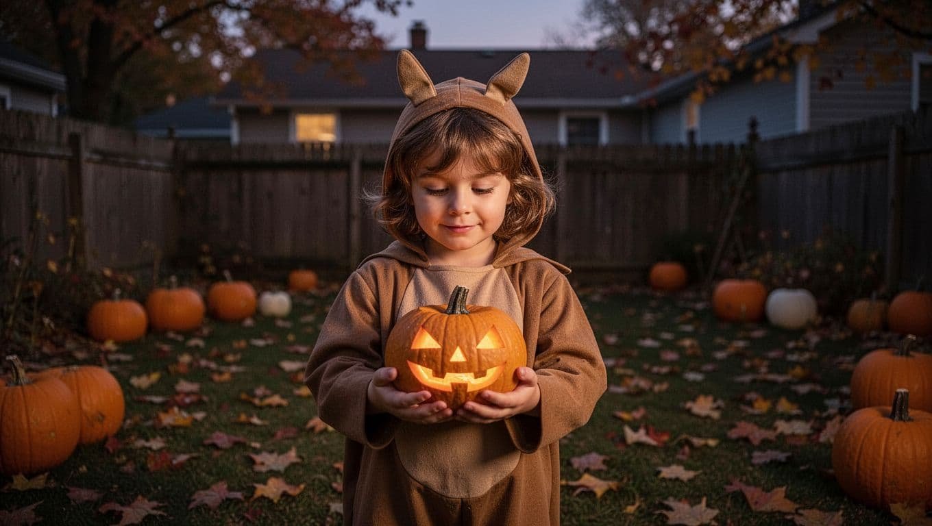 A child in costume holds a small carved pumpkin in an autumn backyard at dusk.