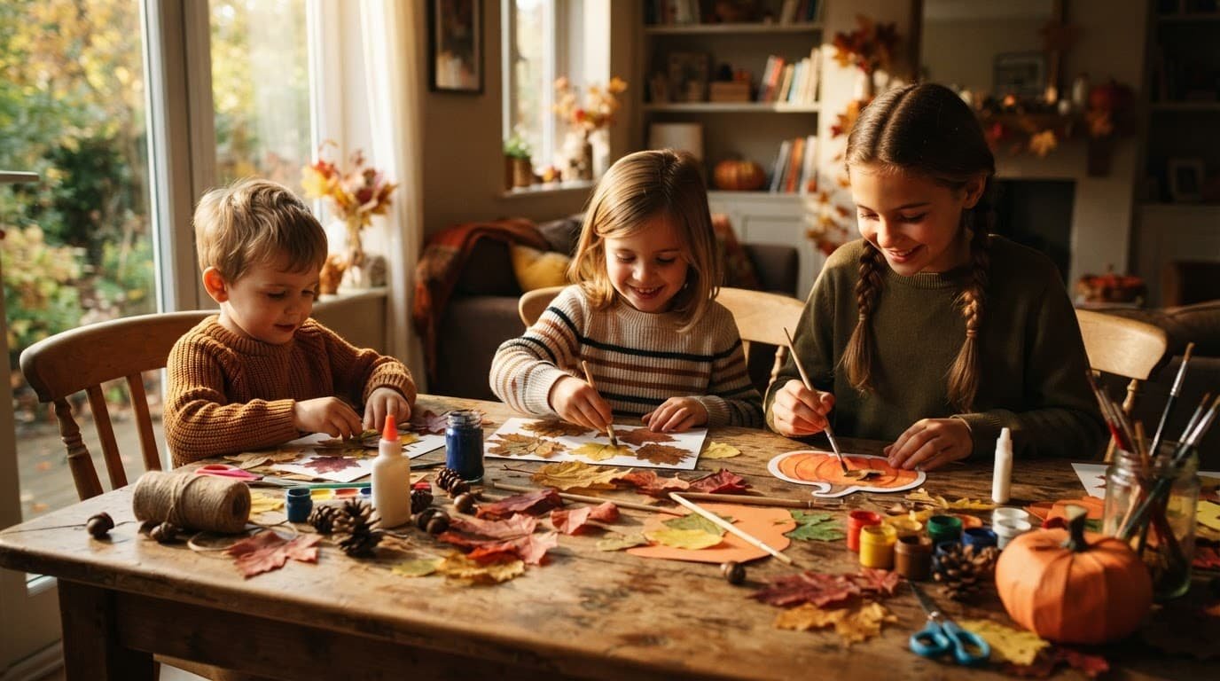 Children make leaf art and paper pumpkins at a wooden craft table.