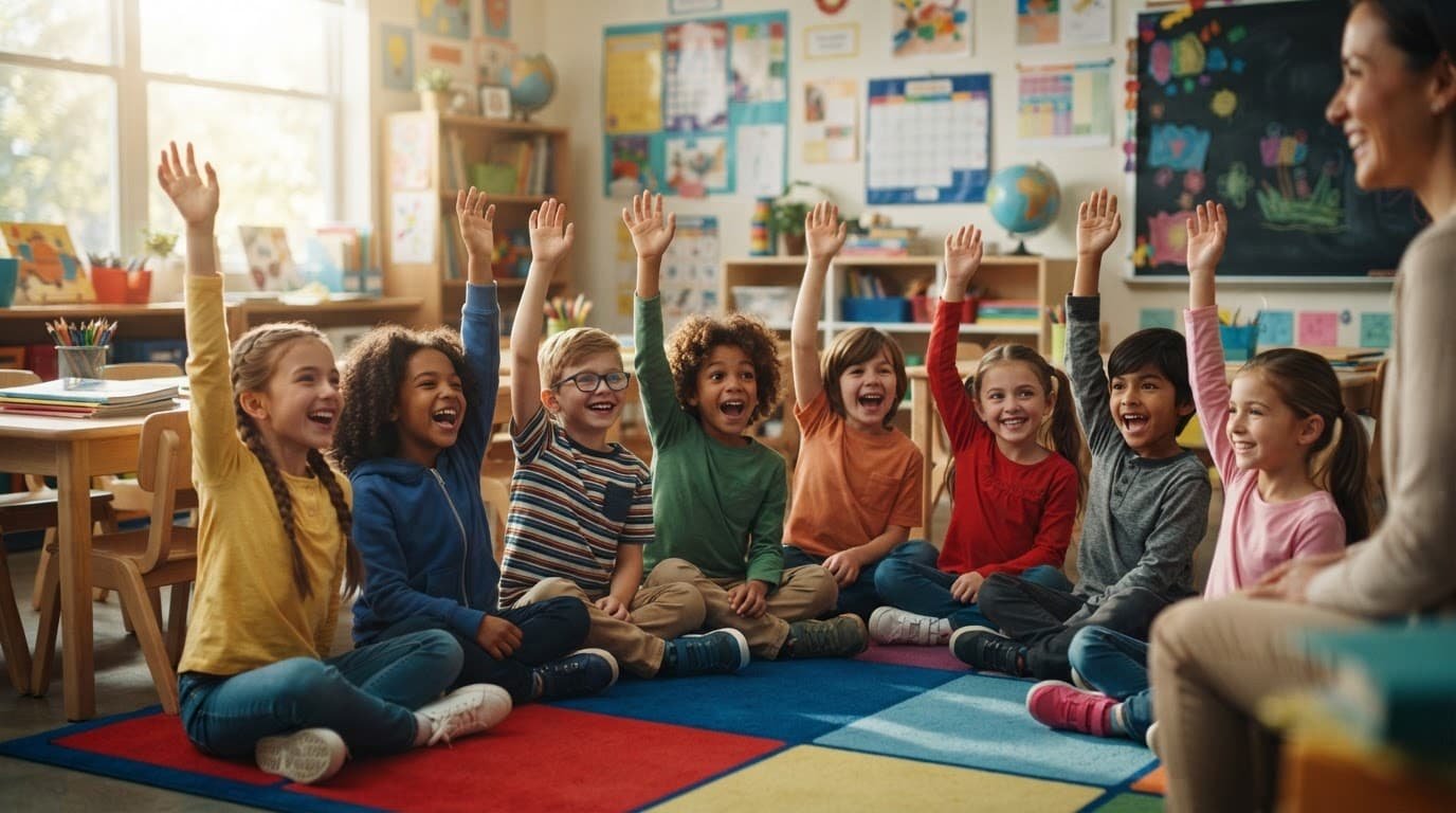 Smiling children raise their hands together in a bright colorful classroom.