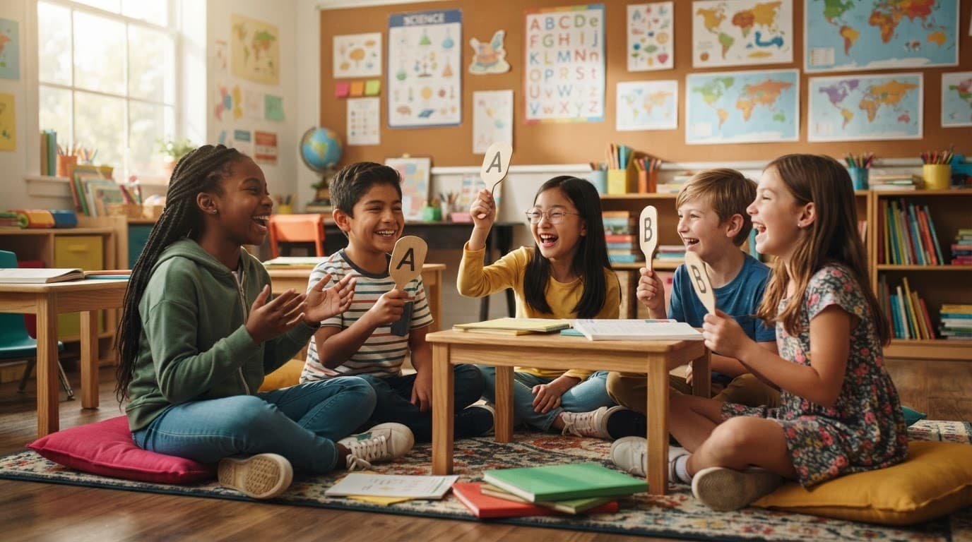 Elementary students smiling and playing a group game in a colorful classroom.