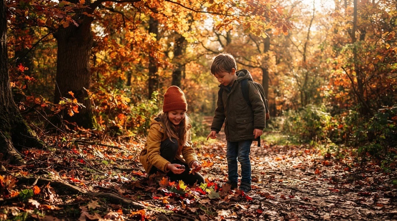 Two children explore fallen leaves and acorns in a sunlit autumn park.