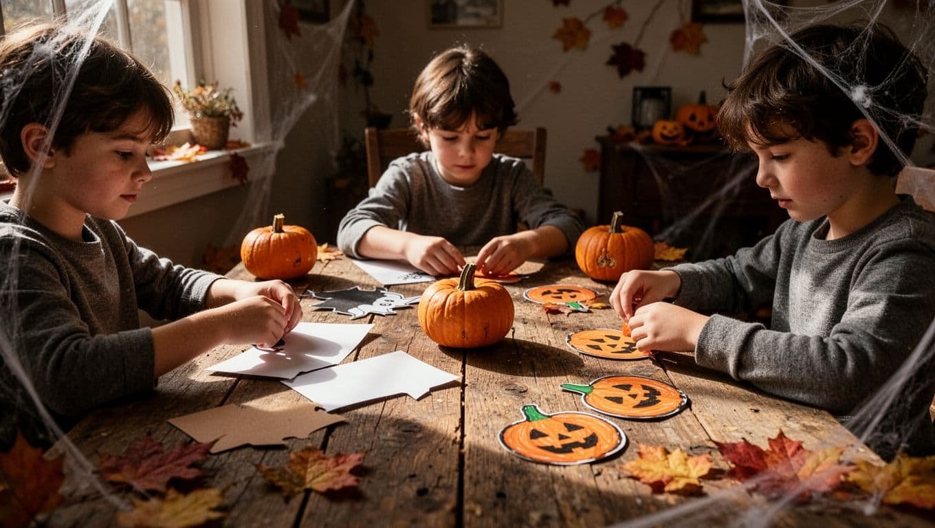 Three children make Halloween decorations together at a wooden table.