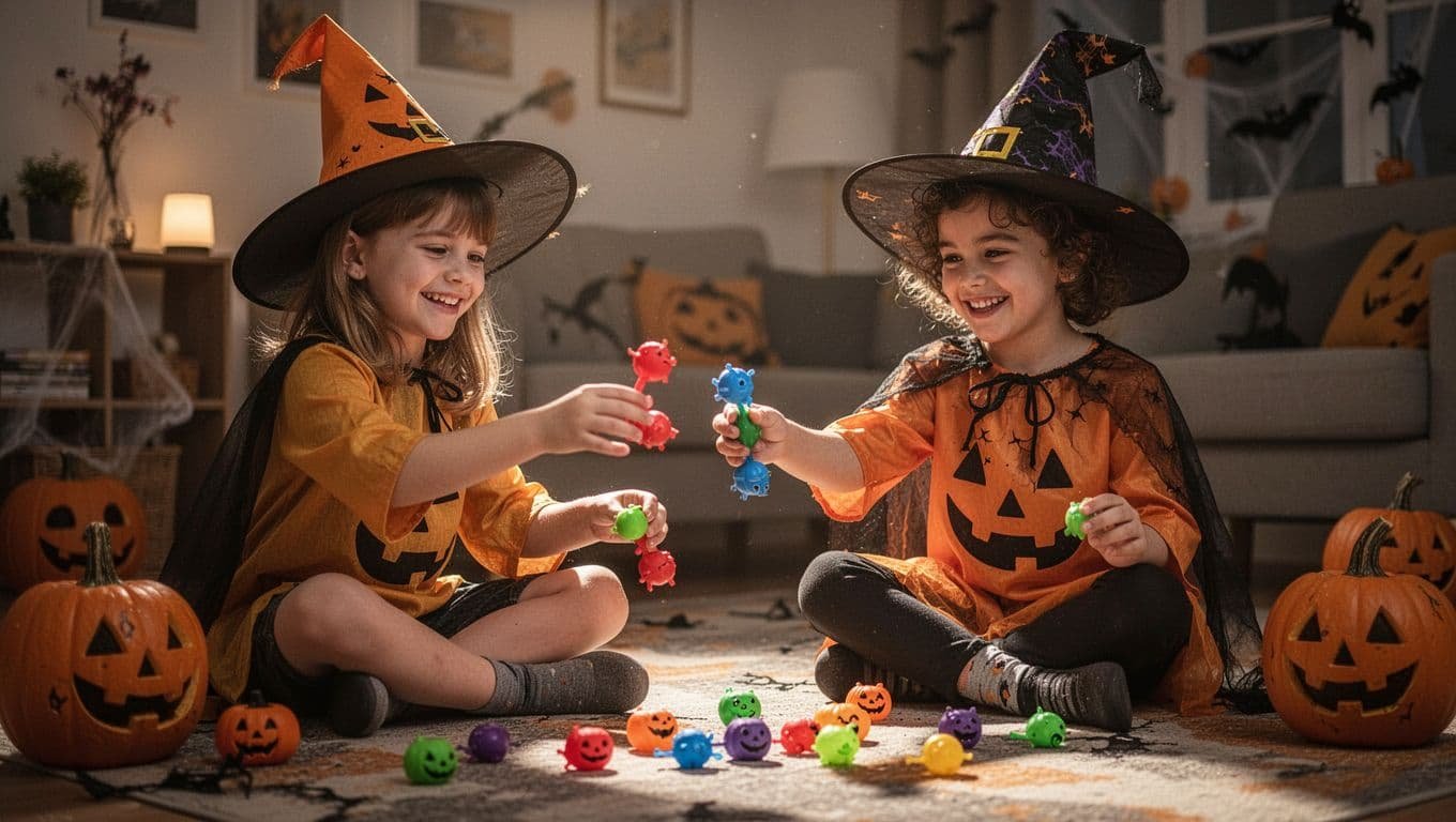 Three children play a Halloween game together indoors.
