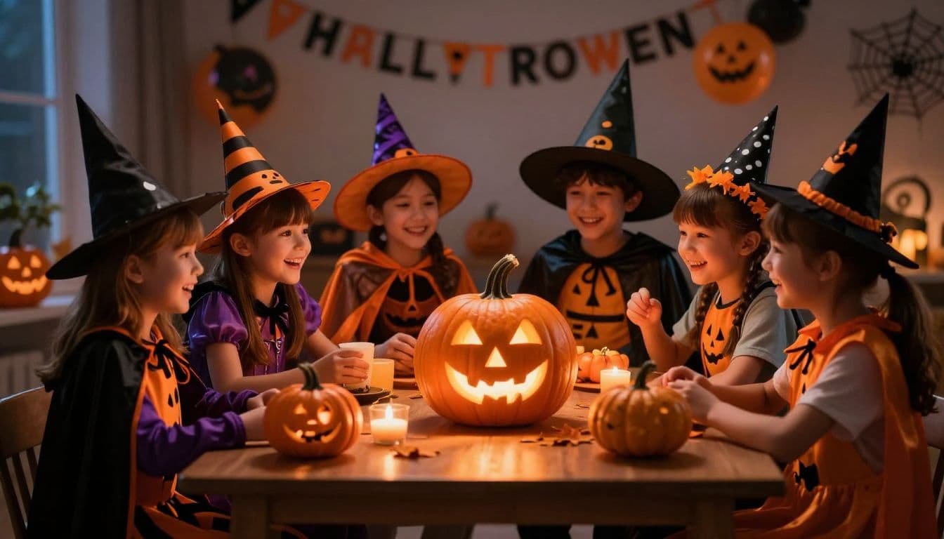 Children in Halloween costumes gather around a glowing pumpkin indoors.